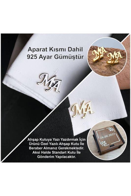 925 Ayar Gümüş 2 Harfli Kol Düğmesi Altın Kaplama Damat Hediyesi Kişiye Özel-Seçilebilir - 1