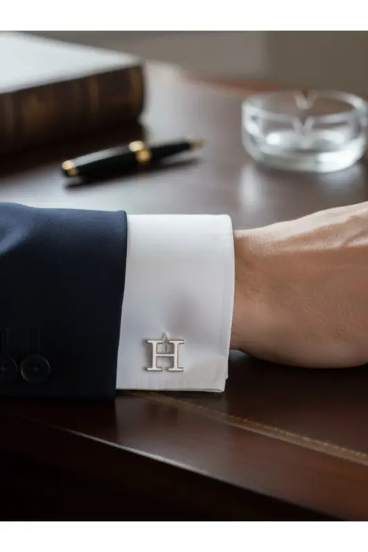 925 Ayar Gümüş Harfli Kol Düğmesi Damat Hediyesi Kişiye Özel-Tek Harf - 3