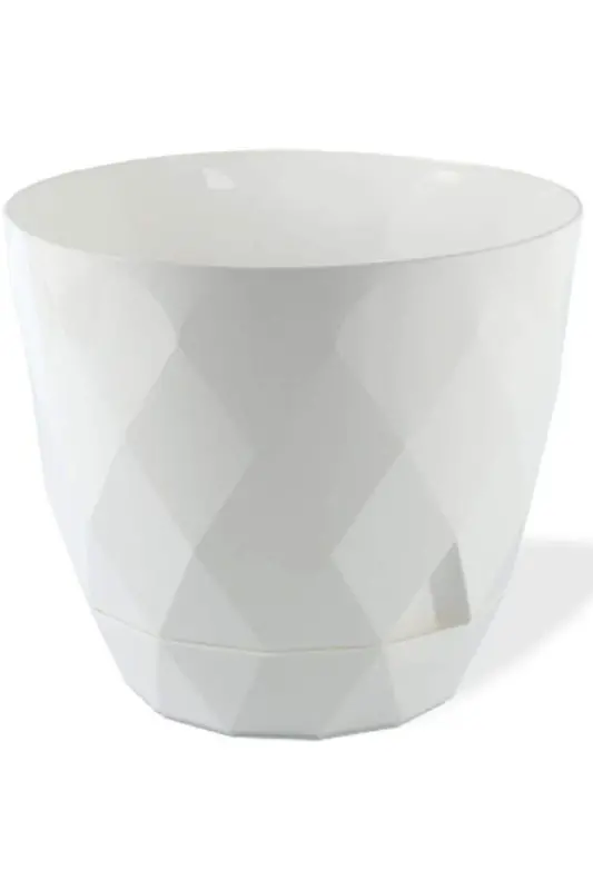 9.2lt Ø27.5x24cm Large Decorative Plastic Flower Pot with Plate, Yakamoz No5 White, Baklava Pattern - 8