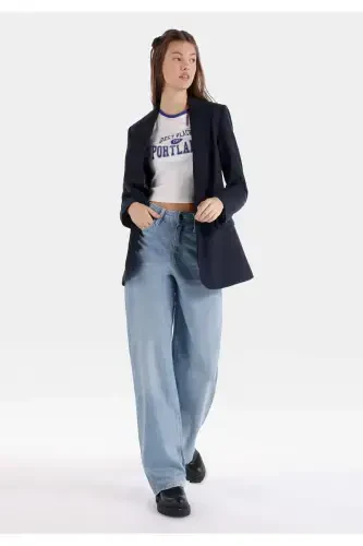 Regular Fit Yüksek Bel Geniş Paça Kadın İndigo Jean Pantolon - 1