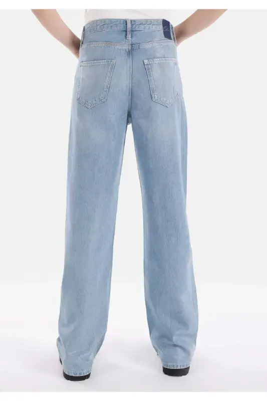 Regular Fit Yüksek Bel Geniş Paça Kadın İndigo Jean Pantolon - 2