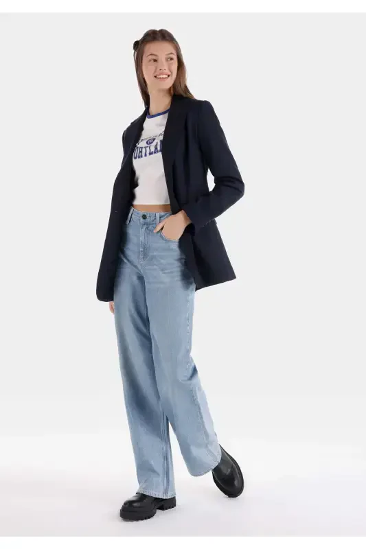 Regular Fit Yüksek Bel Geniş Paça Kadın İndigo Jean Pantolon - 3