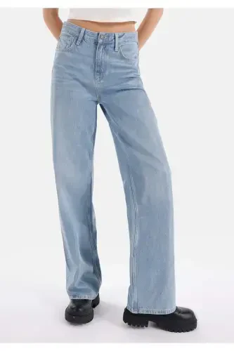 Regular Fit Yüksek Bel Geniş Paça Kadın İndigo Jean Pantolon - 4