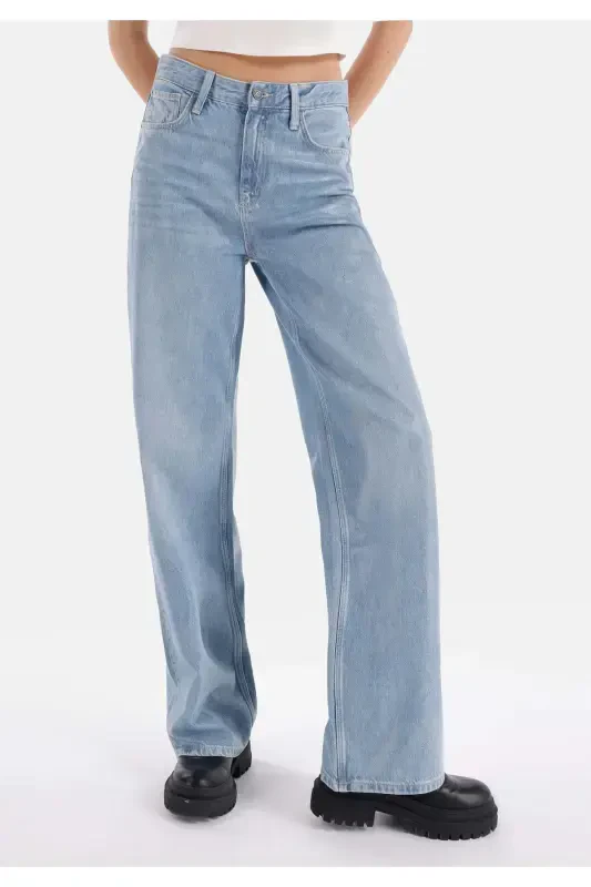 Regular Fit Yüksek Bel Geniş Paça Kadın İndigo Jean Pantolon - 4