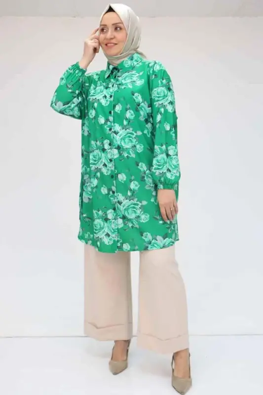 98052 Büyük Beden Erkek Yakalı Jesica Gömlek Tunik - Gül Desen Beneton - BÜYÜKBEDENIZ