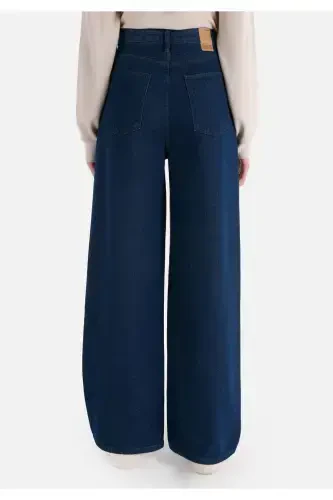 Regular Fit Yüksel Bel Geniş Paça Kadın İndigo Denim Jean Pantolon - 2
