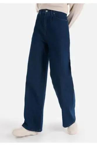 Regular Fit Yüksel Bel Geniş Paça Kadın İndigo Denim Jean Pantolon - 4