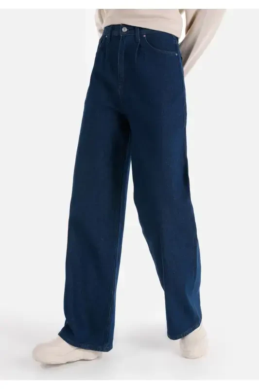 Regular Fit Yüksel Bel Geniş Paça Kadın İndigo Denim Jean Pantolon - 4
