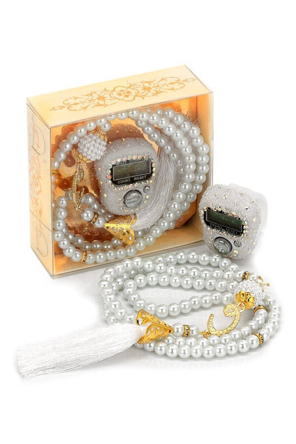 99-piece prayer set with a stone prayer bead and pearl prayer beads. White color. - 1