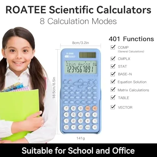 991MS 401 Functions 2-Line Display Desktop Calculator with Sliding Cover | ROATEE Scientific Calculator School Supplies Solar Battery Dual Power Kawaii for Middle High School Student and Teacher Blue - 2