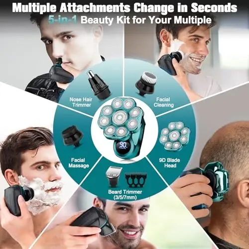 9D Electric Head Shaver for Bald Men, Upgraded 6-in-1 Head Shaver for Bald Men, Waterproof Wet/Dry Grooming Kit Electric Shaver for Men, Cordless Rechargeable Bald Head Razor for Home&Travel - 4