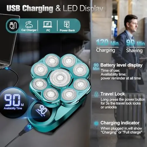 9D Electric Head Shaver for Bald Men, Upgraded 6-in-1 Head Shaver for Bald Men, Waterproof Wet/Dry Grooming Kit Electric Shaver for Men, Cordless Rechargeable Bald Head Razor for Home&Travel - 5