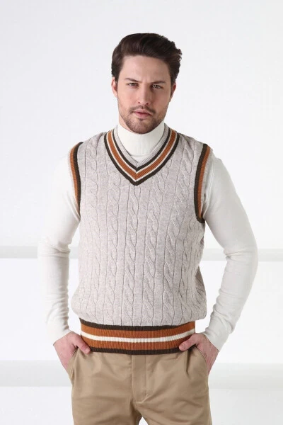 A. Beige Knit Patterned V-Neck 100% Lambswool Men's Sweater - FERRARO