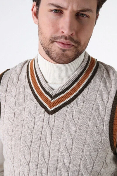 A. Beige Knit Patterned V-Neck 100% Lambswool Men's Sweater - FERRARO (1)