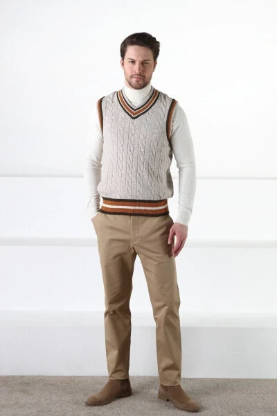 A. Beige Knit Patterned V-Neck 100% Lambswool Men's Sweater - 3