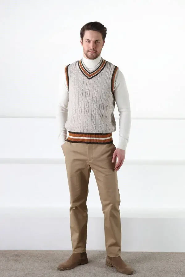 A. Beige Knit Patterned V-Neck 100% Lambswool Men's Sweater - 3