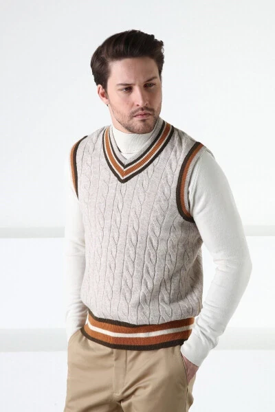 A. Beige Knit Patterned V-Neck 100% Lambswool Men's Sweater - 4