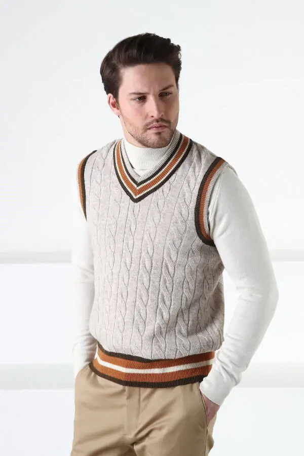 A. Beige Knit Patterned V-Neck 100% Lambswool Men's Sweater - 4