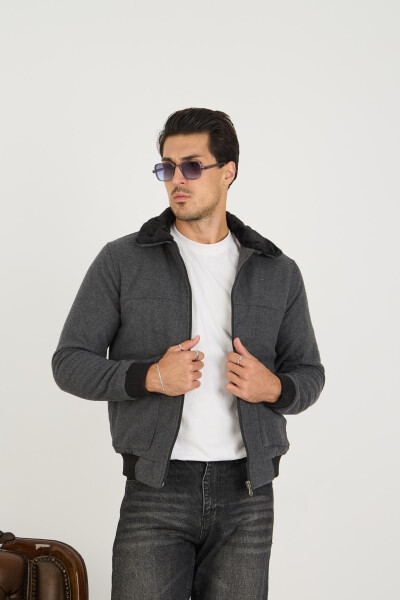 A charcoal bomber jacket with a corduroy collar and fur lining, perfect for college. - 1