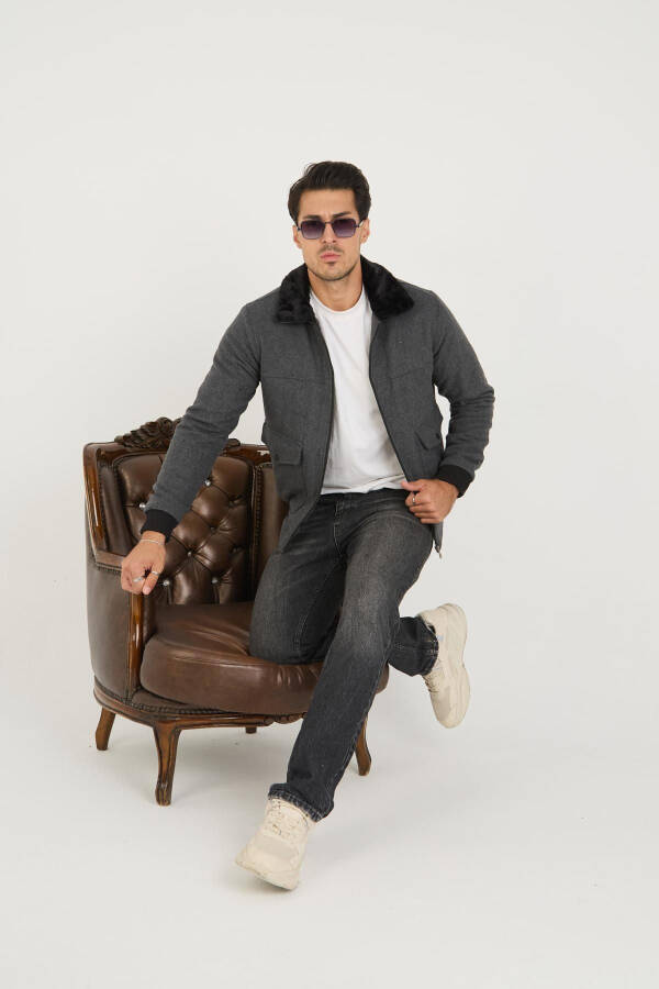 A charcoal bomber jacket with a corduroy collar and fur lining, perfect for college. - 2