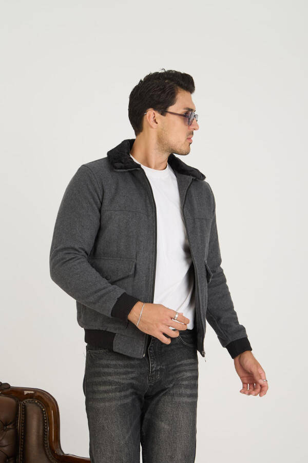 A charcoal bomber jacket with a corduroy collar and fur lining, perfect for college. - 3