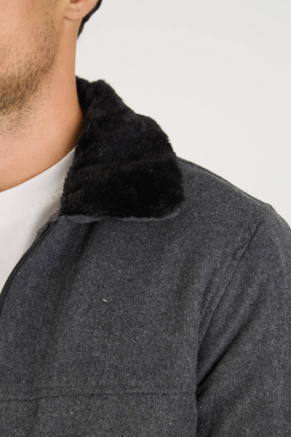 A charcoal bomber jacket with a corduroy collar and fur lining, perfect for college. - 4