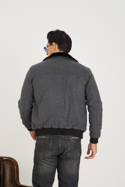 A charcoal bomber jacket with a corduroy collar and fur lining, perfect for college. - 5