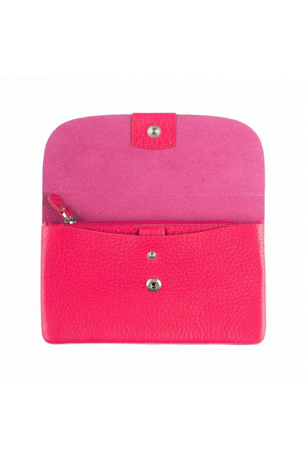 A fuchsia genuine leather bag with zipper closure, snap closure, card slots for Mother's Day. - 3