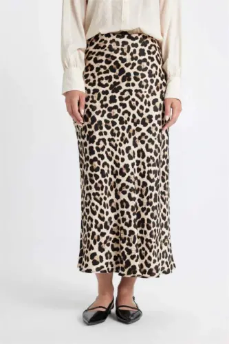 A Kesim Leopard Naqshli Satin Maksi Yubka-Vizon - 4