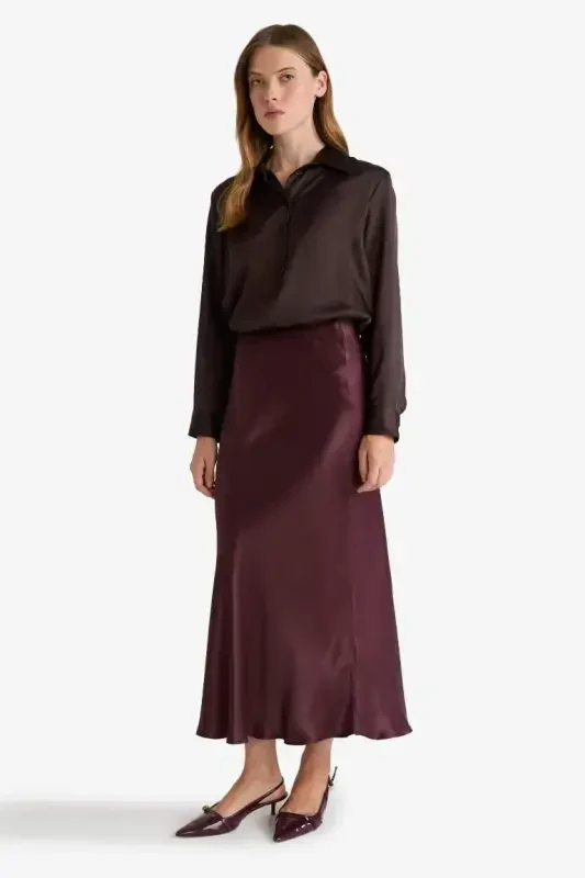 A Kesim Normal Bel Saten Midi Yubka-Bordo - 2