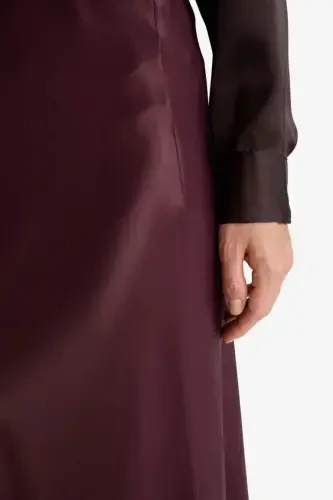 A Kesim Normal Bel Saten Midi Yubka-Bordo - 4