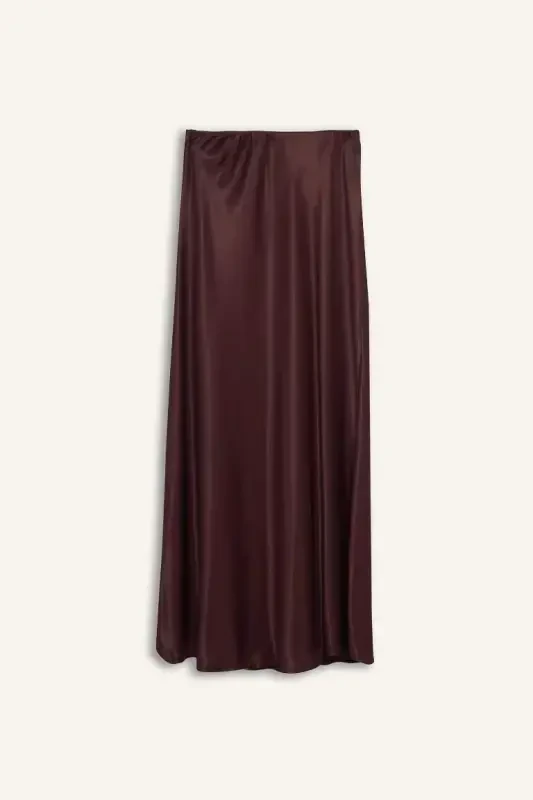 A Kesim Normal Bel Saten Midi Yubka-Bordo - 8