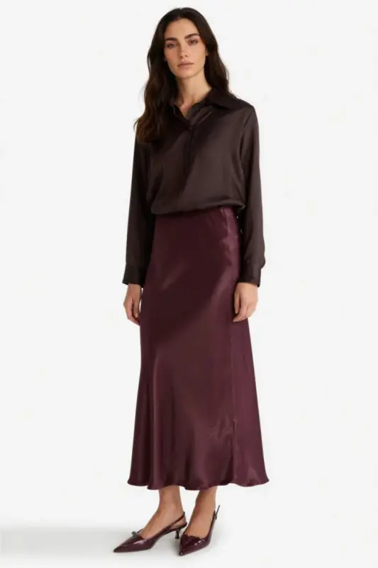 A Kesim Normal Bel Saten Midi Yubka-Bordo - 5