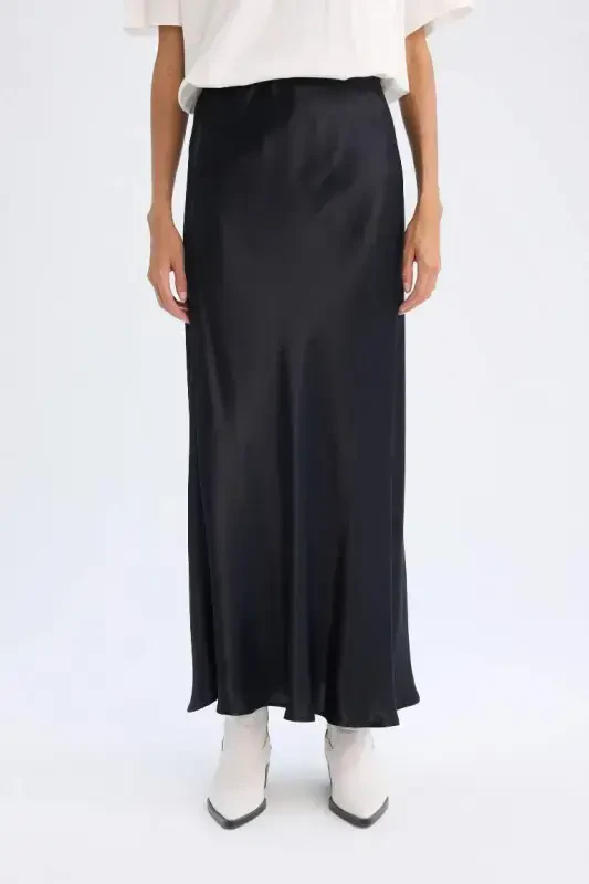 A Kesim Oddiy Bel Saten Maksi Yubka-Qora - 8