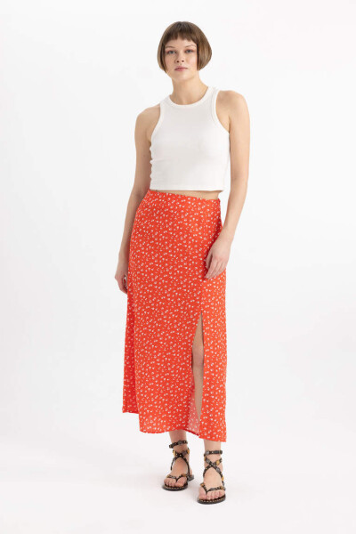 A-Line Floral Mid-Length Skirt with Slit and Regular Waist in Red - 1