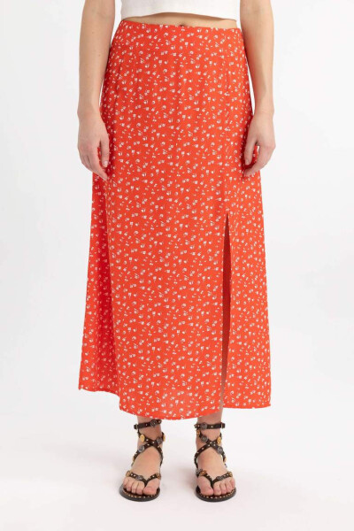 A-Line Floral Mid-Length Skirt with Slit and Regular Waist in Red - 4