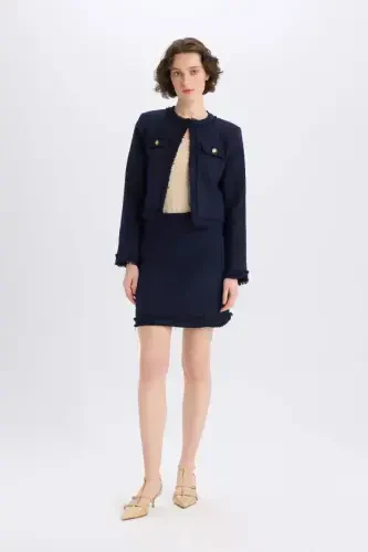A-Line High Waist Basic Plain Tweed Mini Skirt-Navy Blue - 1