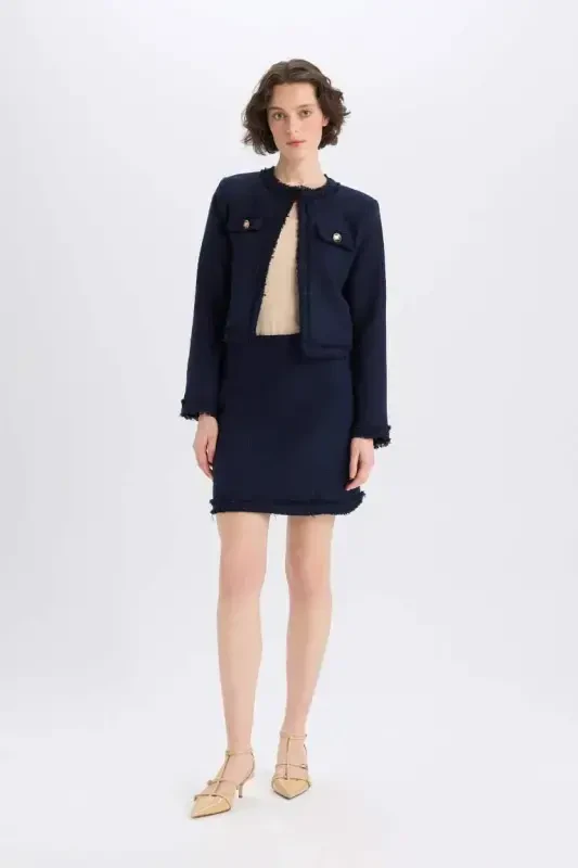 A-Line High Waist Basic Plain Tweed Mini Skirt-Navy Blue - 1