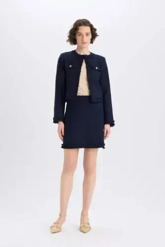 A-Line High Waist Basic Plain Tweed Mini Skirt-Navy Blue - DEFACTO (1)