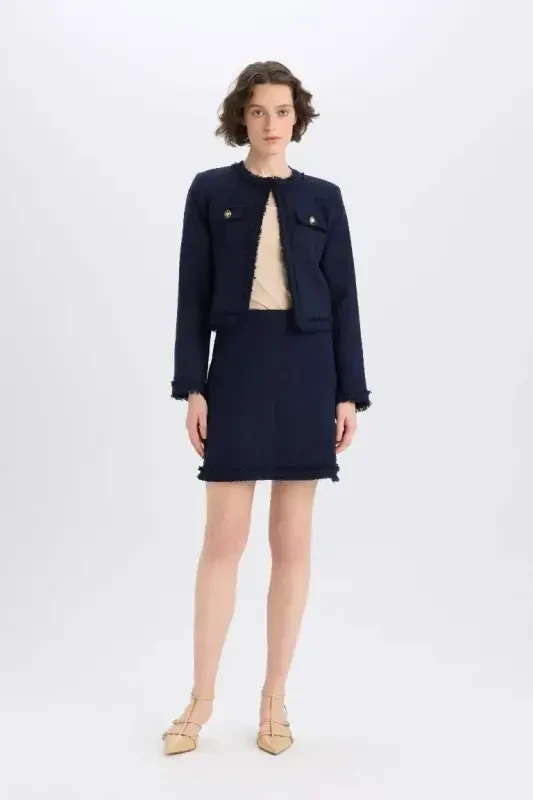 A-Line High Waist Basic Plain Tweed Mini Skirt-Navy Blue - 2