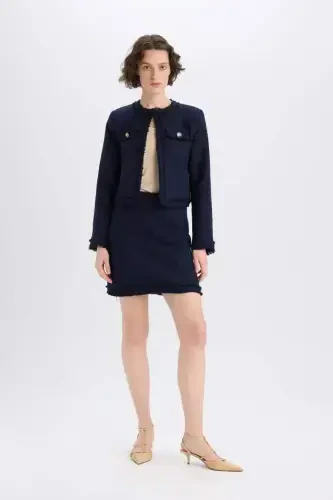A-Line High Waist Basic Plain Tweed Mini Skirt-Navy Blue - 3