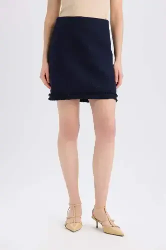 A-Line High Waist Basic Plain Tweed Mini Skirt-Navy Blue - 4