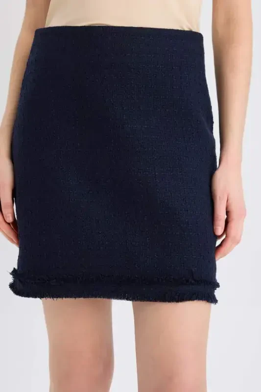 A-Line High Waist Basic Plain Tweed Mini Skirt-Navy Blue - 5