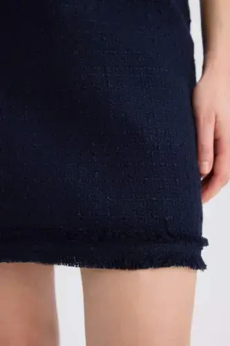 A-Line High Waist Basic Plain Tweed Mini Skirt-Navy Blue - 6