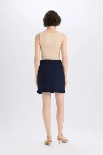 A-Line High Waist Basic Plain Tweed Mini Skirt-Navy Blue - 7
