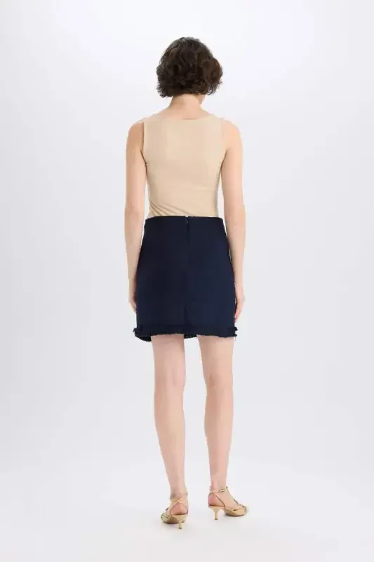 A-Line High Waist Basic Plain Tweed Mini Skirt-Navy Blue - 7