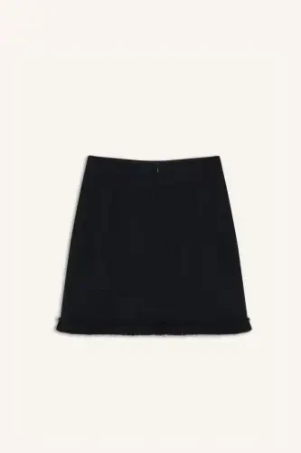 A-Line High Waist Basic Plain Tweed Mini Skirt-Navy Blue - 10