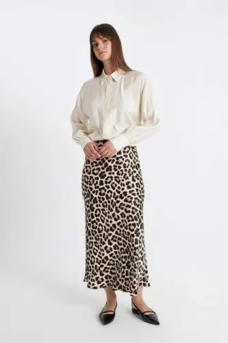 A-Line Leopard Print Satin Maxi Skirt - Mink - 1