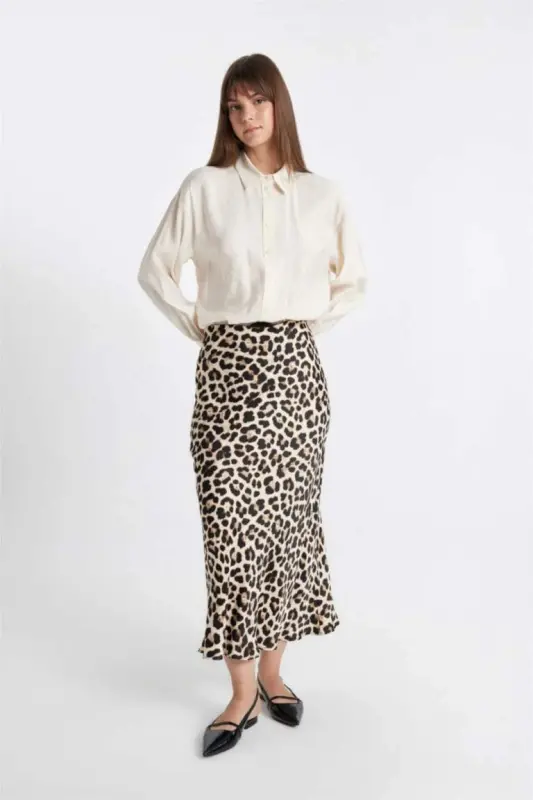 A-Line Leopard Print Satin Maxi Skirt - Mink - 3