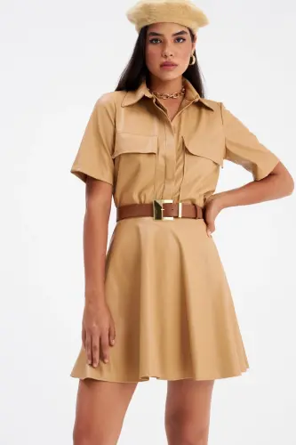 A-Line Mini Leather Skirt - Beige - 1